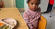 Ahzonni joined the competition — help win amazing prizes! child, classroom, curly_hair, face, food, hand, high_chair, indoor, looking_at_camera, lunch, meal, peas, pink_clothing, plate, portrait, school, sitting, table, toddler, vegetables