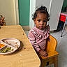 child, classroom, curly_hair, face, food, hand, high_chair, indoor, looking_at_camera, lunch, meal, peas, pink_clothing, plate, portrait, school, sitting, table, toddler, vegetables