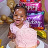 baby, baby_hair, balloons, birthday, cake, celebration, child, dress, face, frosting, happy, happy_birthday, indoor, laughing, party, photography, pink, portrait, rosette_cake, smiling