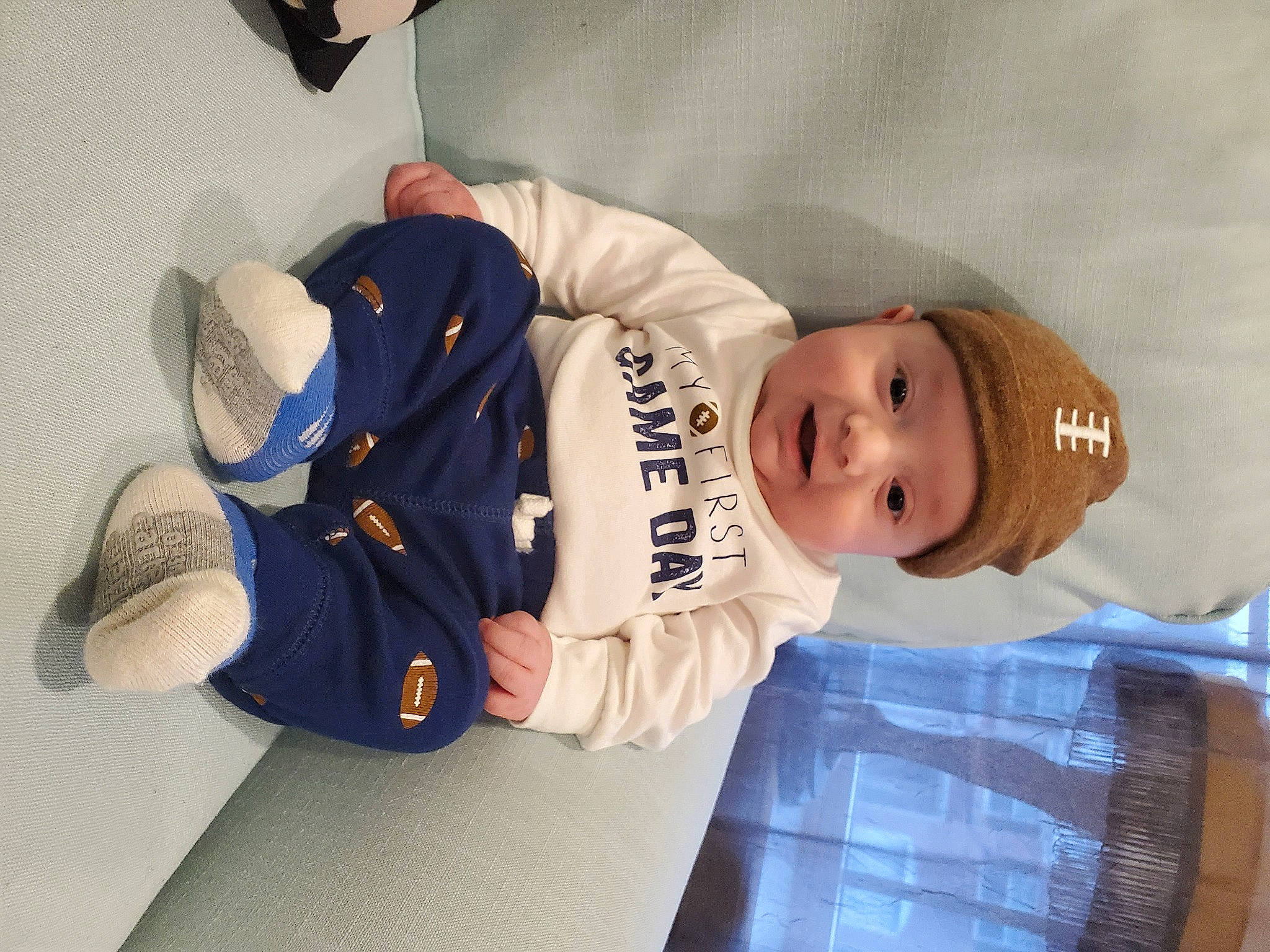 Ayden joined the competition — help win amazing prizes! baby, baby_products, baby_safety, baby_toddler_clothing, child, comfort, elbow, fun, hat, headwear, knee, linens, person, room, sitting, sleeve, smile, sportswear, toddler, uniform