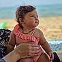 baby, child, beach, ocean, swimsuit, pink, hand, adult, outdoor, portrait, summer, toddler, cute, sitting, sea, sunshine, water, vacation, people, skin