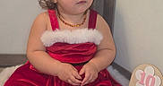 Liyana a rejoint le concours — aidez-le/la à gagner de superbes lots ! 10_months, baby, child, christmas, clothing, cute, expression, face, festive, fur_trim, hands, holiday, indoor, milestone_card, person, portrait, red_dress, santa_hat, sitting, toddler