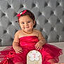 Liyana participe au concours pour gagner de l'argent avec cette photo : baby, barefoot, bed, child, cute, happy, headband, indoor, infant, jewelry, milestone, months, person, portrait, red_dress, sign, sitting, smile, tufted_headboard, tulle