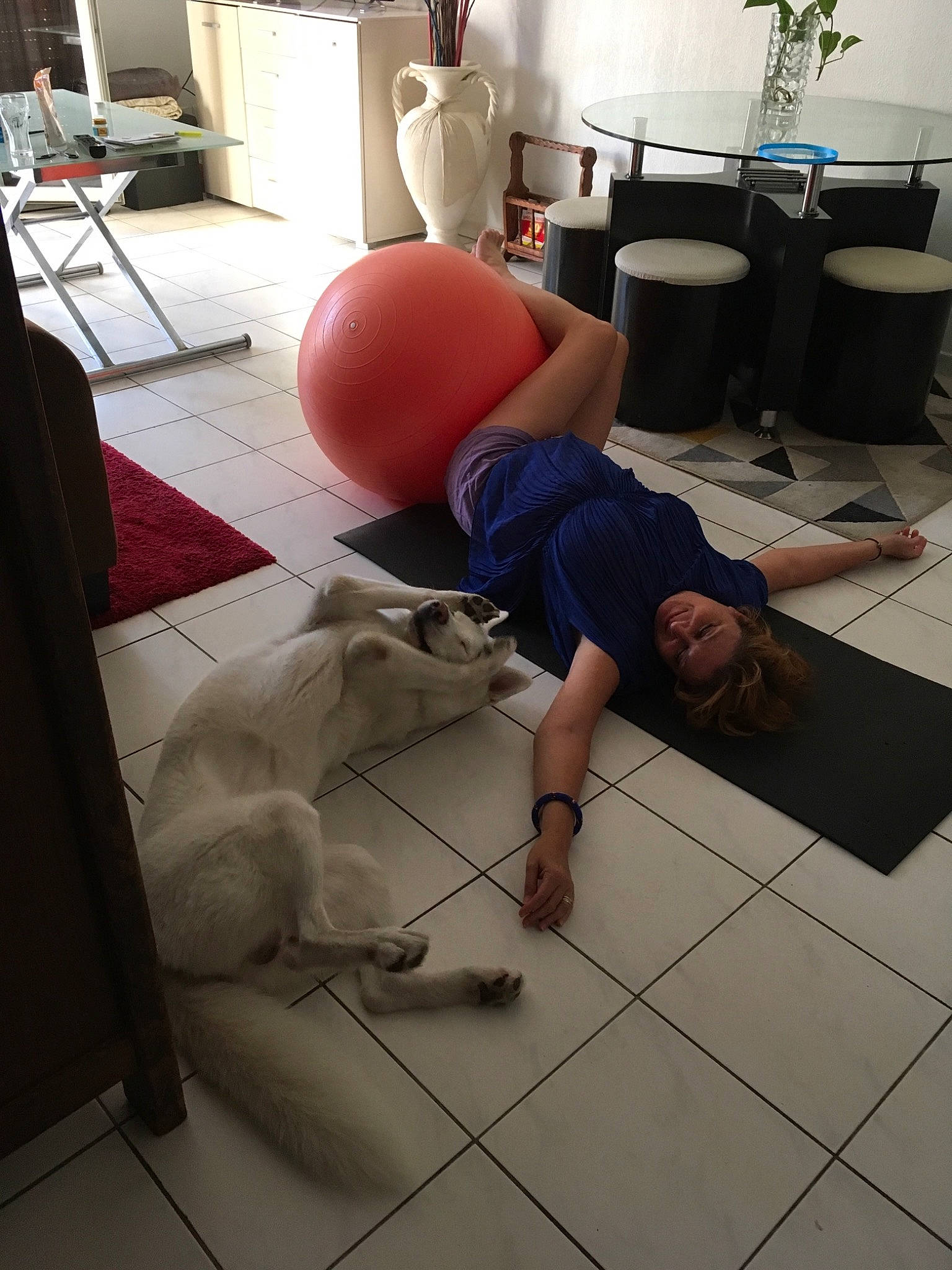 Leiko participe au concours pour gagner de l'argent avec cette photo : arm, ball, exercise, floor, flooring, foot, hip, human_leg, knee, leg, physical_fitness, swiss_ball, thigh, tile, training