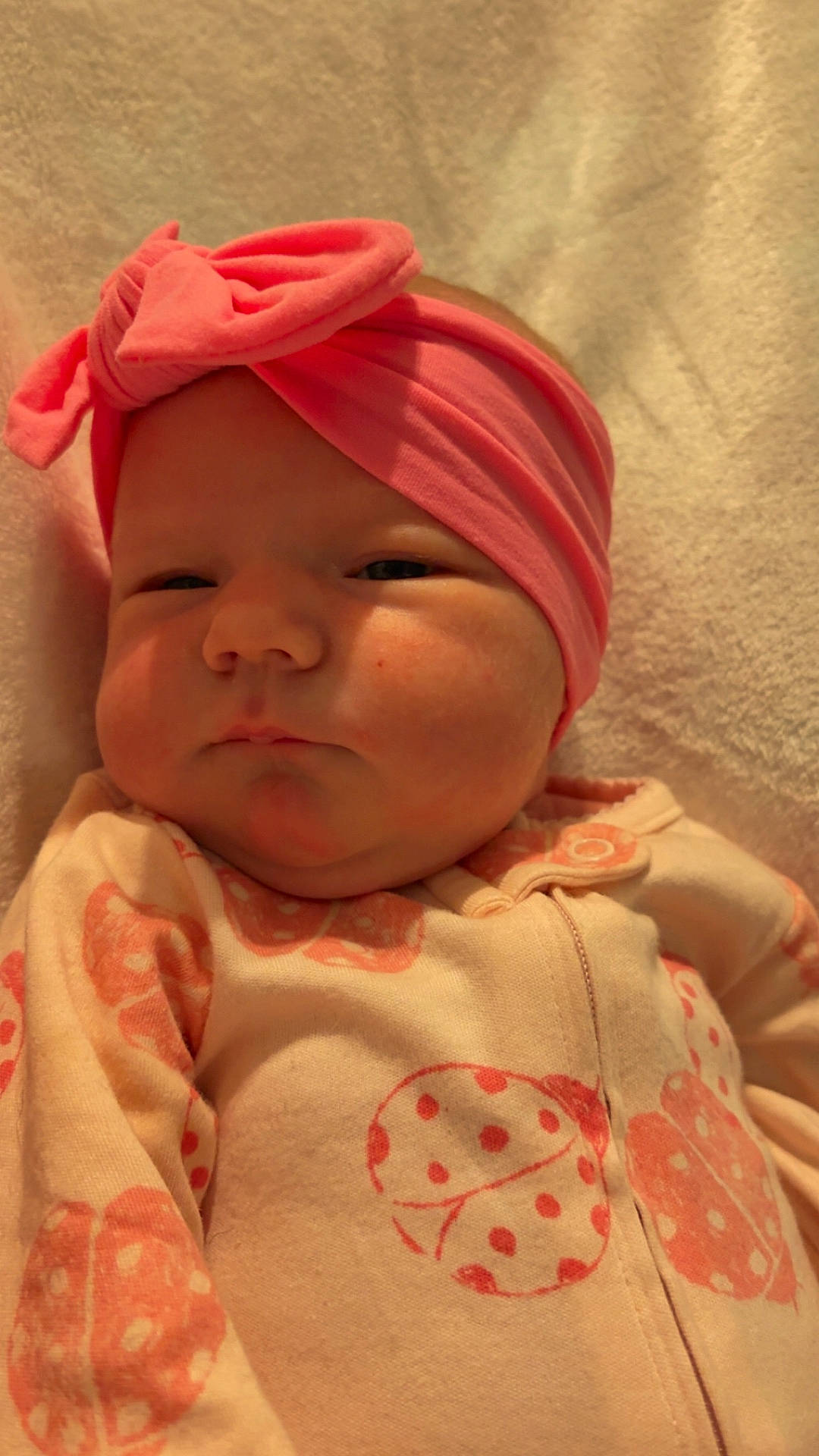 baby, blanket, bow, cheeks, child, clothing, cute, face, headband, indoors, infant, ladybug, lying_down, onesie, pattern, pink, portrait, skin, sleepwear, soft