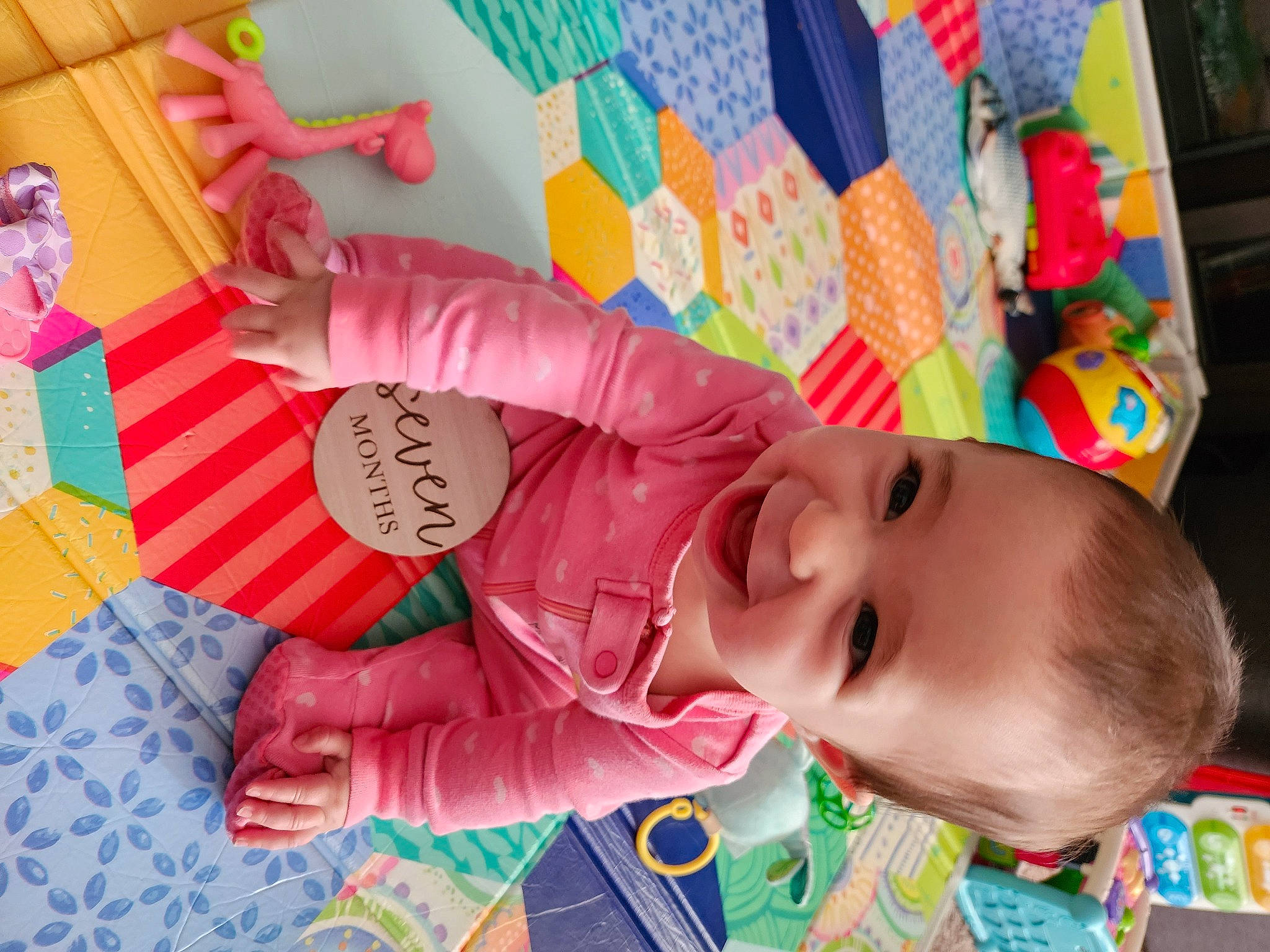 Callie joined the competition — help win amazing prizes! baby, baby_products, baby_toddler_clothing, baby_toys, cheek, child, fun, happy, joy, leisure, linens, magenta, pattern, person, pink, play, product, room, smile, textile