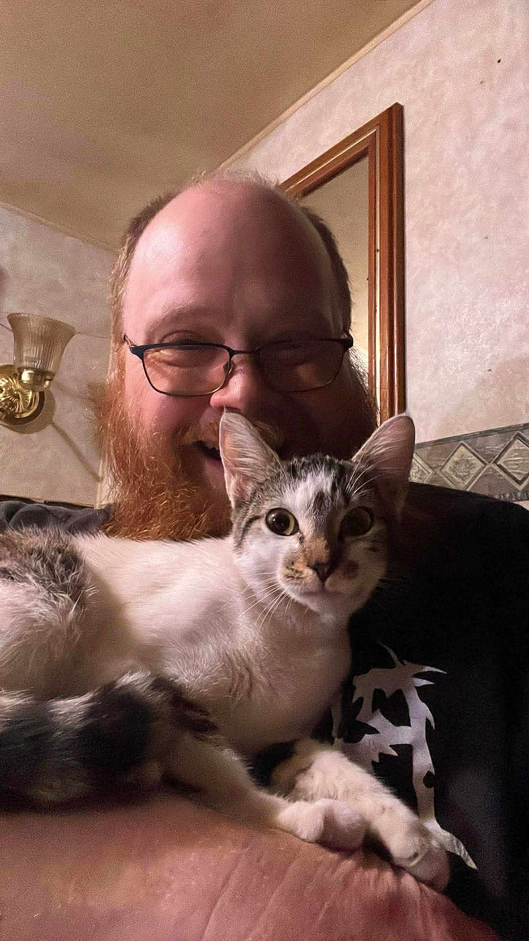 Meowica is registered to the contest to win money with this photo: man, beard, glasses, cat, kitten, pet, smiling, indoor, lamp, mirror, wallpaper, couch, living_room, close_up, portrait, paws, furry, hand, happy, holding