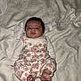 baby, infant, child, floral_clothing, blanket, patterned_blanket, lying_down, foot, cute, face, looking, curious, indoors, soft_lighting, newborn, person, sleepwear, small_feet, head, expression