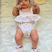 Arvana joined the competition — help win amazing prizes! baby, infant, white_outfit, hat, white_shoes, bows, bracelets, fluffy_rug, milestone_sign, 3_months, polka_dots, cute, lying_down, portrait, child, skin, newborn, decor, wooden_sign, butterflies