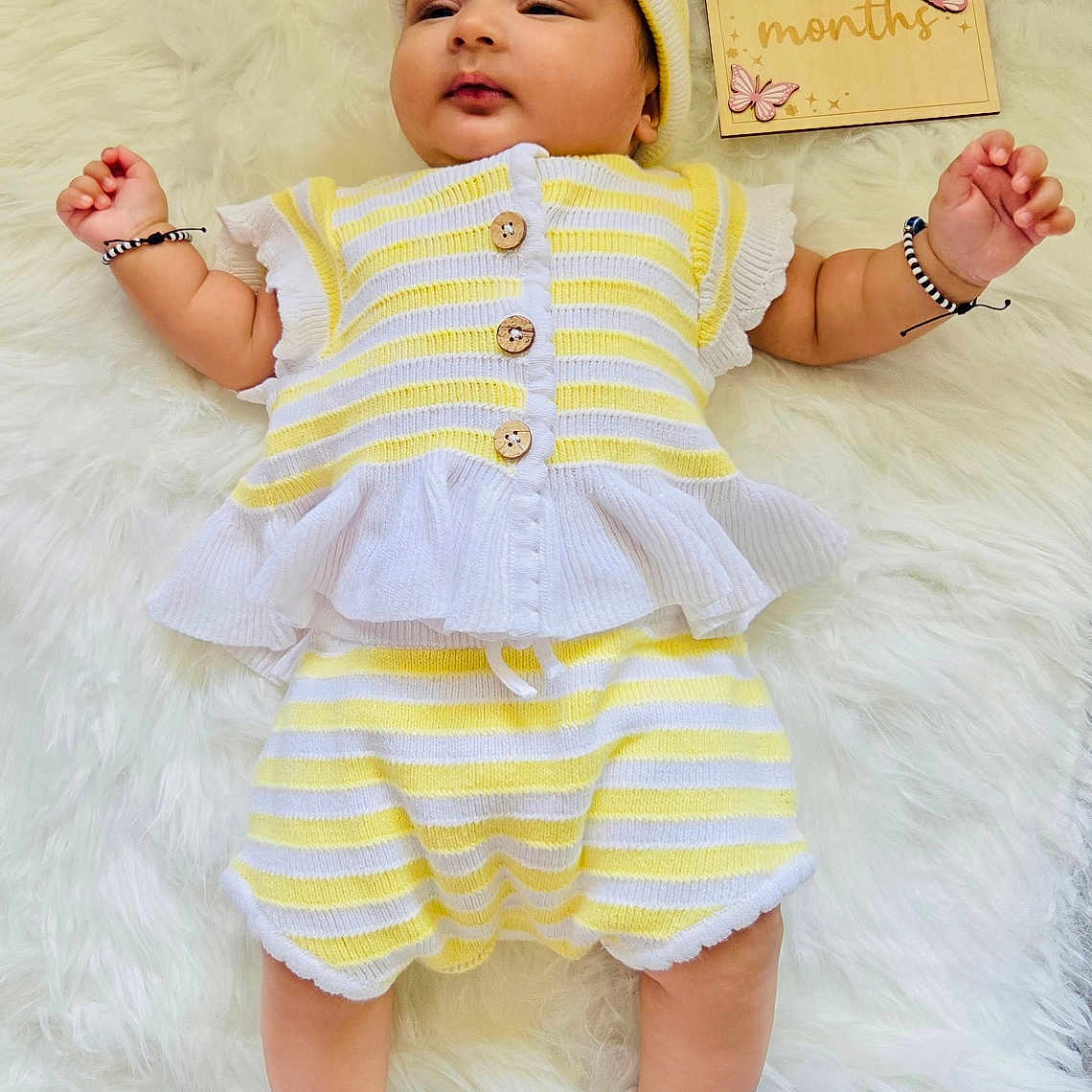Arvana joined the competition — help win amazing prizes! adorable, baby, bow, bracelet, butterflies, child, cute, fluffy_rug, headband, infant, knitted_outfit, lying_down, milestone, newborn, portrait, soft_texture, striped_clothing, white_shoes, wooden_sign, yellow_and_white