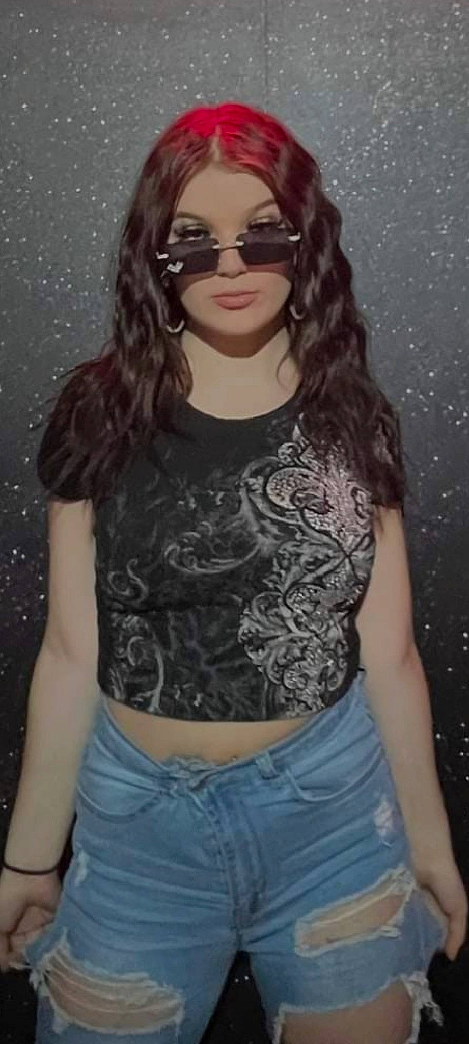 Tori joined the competition — help win amazing prizes! bangs, black_hair, chest, clothing, cool, eye, eyewear, face, fashion, flash_photography, forehead, gesture, layered_hair, lip, lipstick, long_hair, organ, person, sleeve, t_shirt