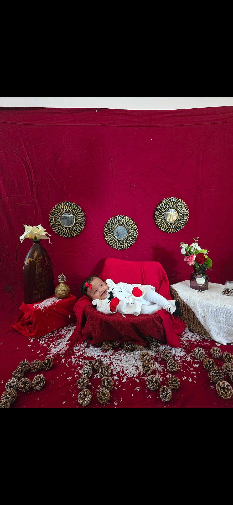 Alaia is registered to the contest to win money with this photo: baby, infant, smiling, red_backdrop, blanket, pinecones, vase, flowers, decorative_mirror, couch, holiday_scene, props, snow_flakes, bow, mittens, onesie, portrait, indoor, table, glass_jar