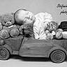 adorable, baby, black_and_white, child, cozy, cute, infant, monochrome, newborn, peaceful, photography, portrait, props, resting, sleeping, soft_toys, studio_photo, teddy_bear, toy, wooden_toy_car