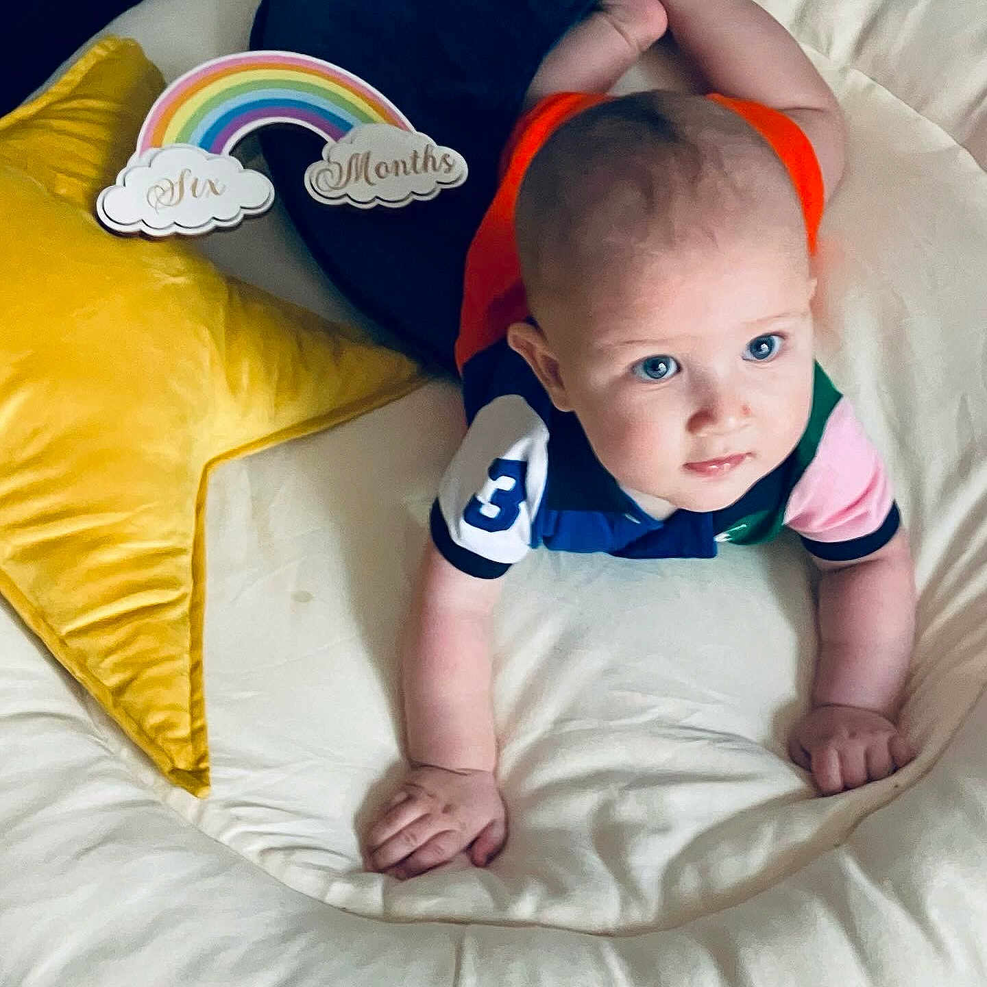 Joseph is registered to the contest to win money with this photo: baby, babycrawling, blanket, clothing, crawling, cushion, face, head, homedecor, infantbed, person, photography, pillow, portrait, sleeve, tape