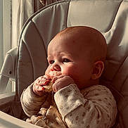 Freddie joined the competition — help win amazing prizes! baby, child, high_chair, cookie, eating, food, hand, face, cushion, clothing, long_sleeves, indoor, natural_light, curious, chubby_cheeks, cute, portrait, infant, snack, soft_light