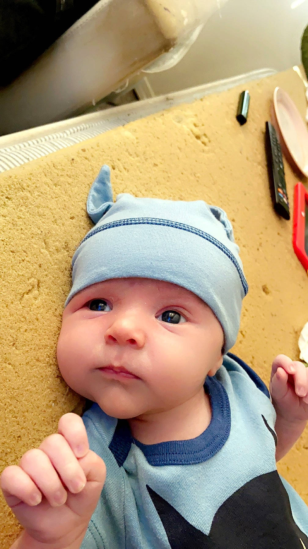 Kaine joined the competition — help win amazing prizes! baby, baby_products, baby_toddler_clothing, cap, cheek, child, chin, cool, fashion_accessory, finger, fun, gesture, hand, happy, headwear, nose, person, sitting, skin, sun_hat