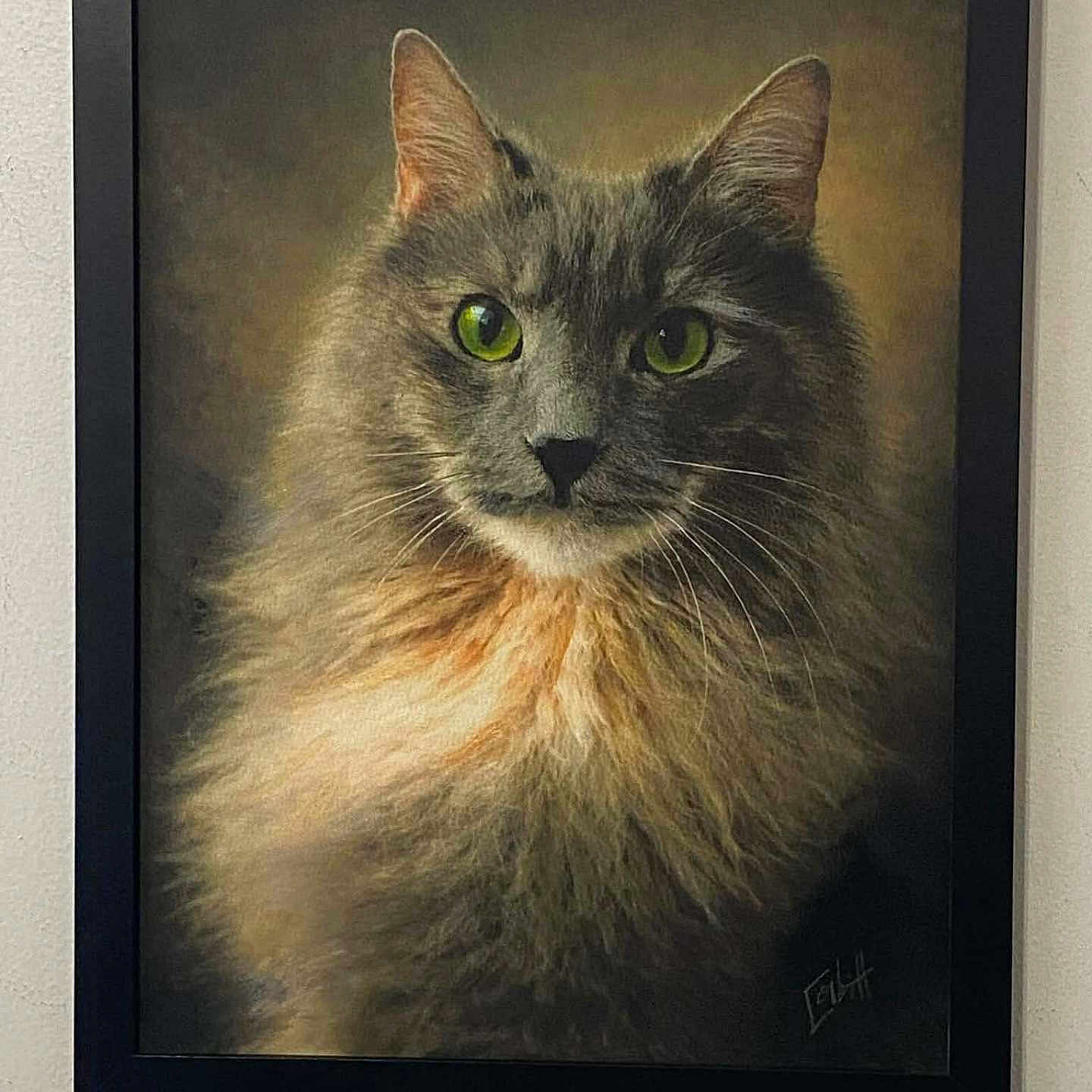 Her Name Is Tee Dee. is registered to the contest to win money with this photo: animal, artwork, brown, canvas, cat, closeup, decor, detailed, feline, fluffy, framed, gray, green_eyes, indoor, masterpiece, painting, portrait, realistic, texture, wall