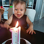 Melodie participe au concours pour gagner de l'argent avec cette photo : toddler, child, birthday, candle, cake, celebration, happy, excited, pigtails, face, mouth_open, table, plate, chocolate_cake, indoor, kitchen, chair, person, smile, lighting