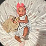 baby, child, infant, headband, bow, dress, plush_toy, blanket, floral_pattern, socks, cute, soft_toy, lying_down, indoors, toddler, person, comfort, adorable, pink, sleepy