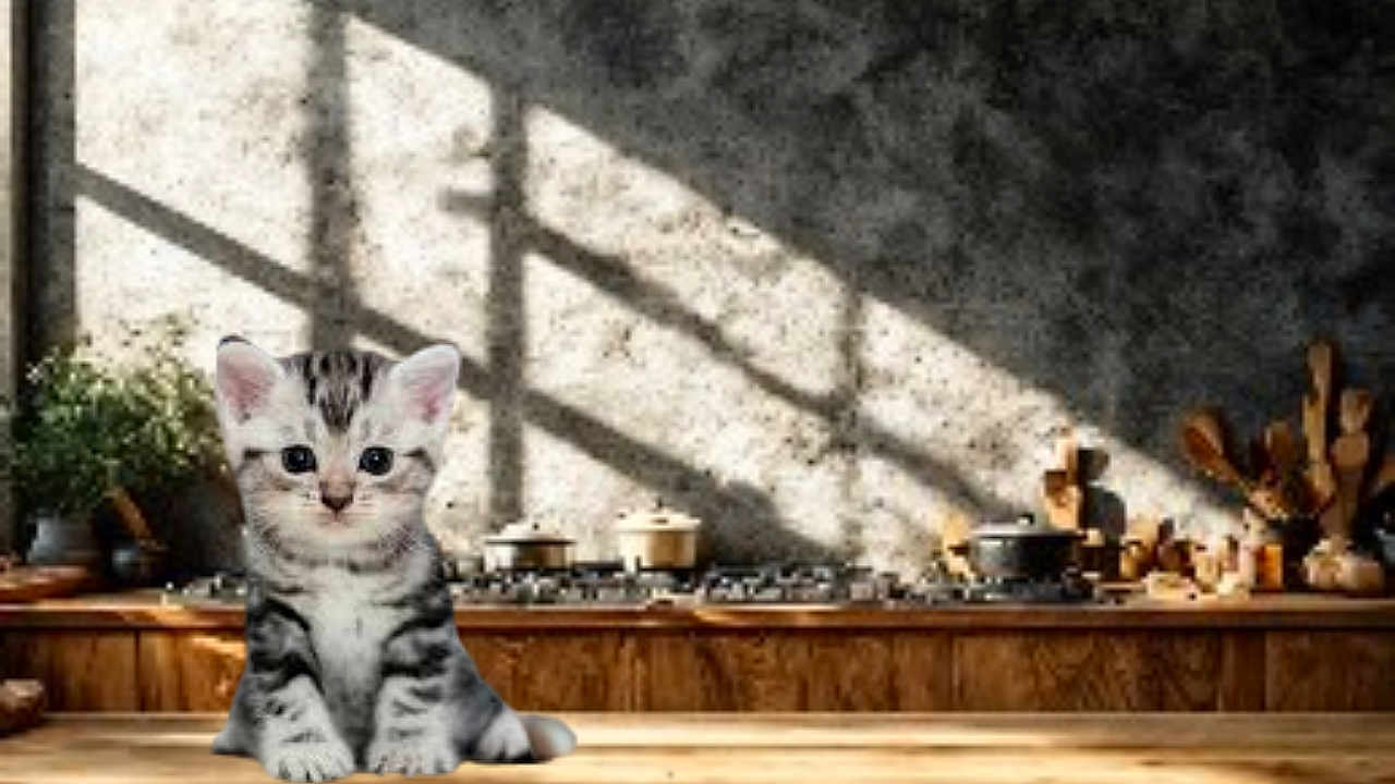 Minette participe au concours pour gagner de l'argent avec cette photo : kitten, cat, animal, pet, wooden_countertop, kitchen, pots, plants, sunlight, shadow, window, rustic, decor, gray_wall, young_cat, feline, indoor, cute, small, table