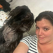 Oscar participe au concours pour gagner de l'argent avec cette photo : woman, dog, black_dog, selfie, portrait, indoors, bedroom, long_hair, shaggy_fur, chain_collar, striped_shirt, brown_eyes, face, shoulders, candid, pet, companion, dartboard, bed, photography