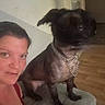 woman, person, dog, black_dog, pet, selfie, portrait, indoors, chair, wood_floor, chain_collar, collar, short_hair, red_shirt, sitting, standing, animal, companion, low_light, blurry