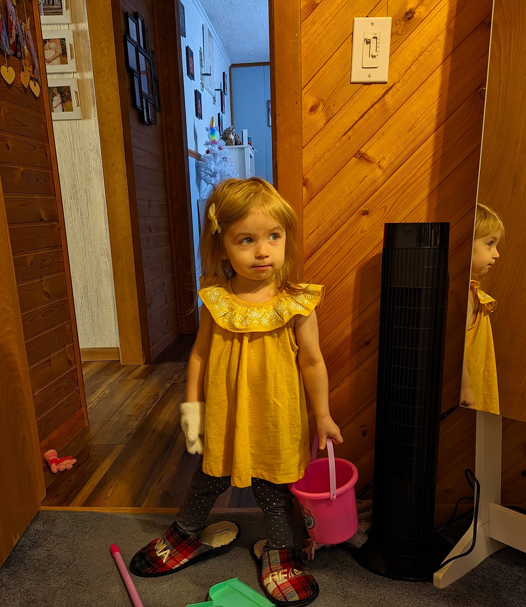 Madysyn joined the competition — help win amazing prizes! cabinetry, child, door, drawer, fashion_design, floor, flooring, fun, hardwood, house, magenta, person, play, purple, room, sitting, standing, toddler, toy, wood