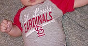 Austin joined the competition — help win amazing prizes! baby, infant, child, onesie, clothing, blanket, texture, person, face, head, skin, red, gray, lying_down, indoors, cute, soft, st_louis_cardinals, sportswear, expression