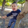 child, toddler, tree, outdoor, nature, smiling, happy, clothing, sweatshirt, pants, shoes, daylight, greenery, park, play, person, young, casual, fun, sunlight