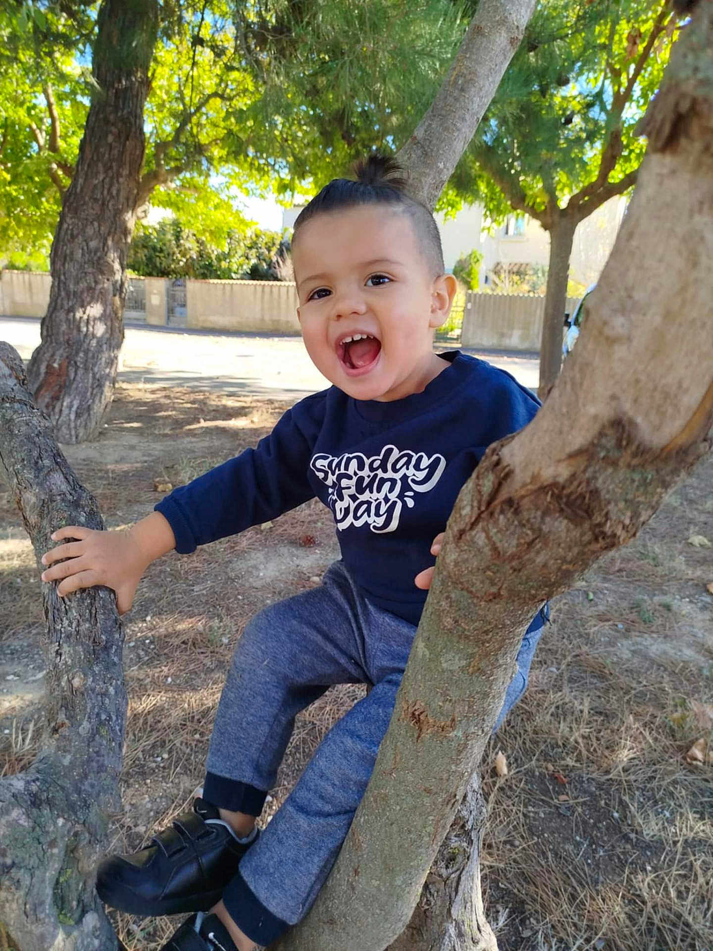 Raphaël a rejoint le concours — aidez-le/la à gagner de superbes lots ! child, toddler, tree, outdoor, nature, smiling, happy, clothing, sweatshirt, pants, shoes, daylight, greenery, park, play, person, young, casual, fun, sunlight