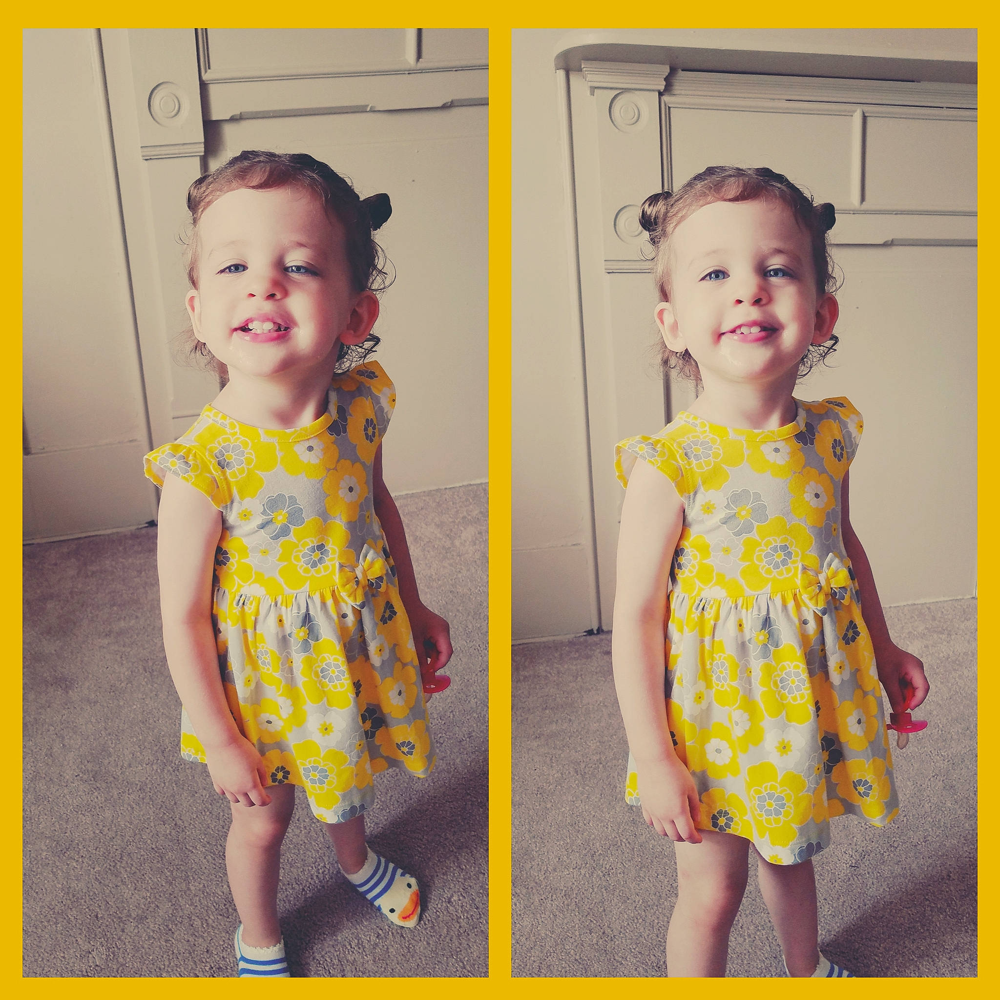 A'Rayah joined the competition — help win amazing prizes! baby_toddler_clothing, child, child_model, clothing, day_dress, design, dress, joy, pattern, person, smile, toddler, yellow