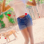 Faith joined the competition — help win amazing prizes! casual_clothing, child, denim_shorts, dog, fence, footwear, gesture, gravel, green_headwrap, happy, hearts, outdoor, peace_sign, person, pet, socks, summer, sunlight, tree, white_shirt