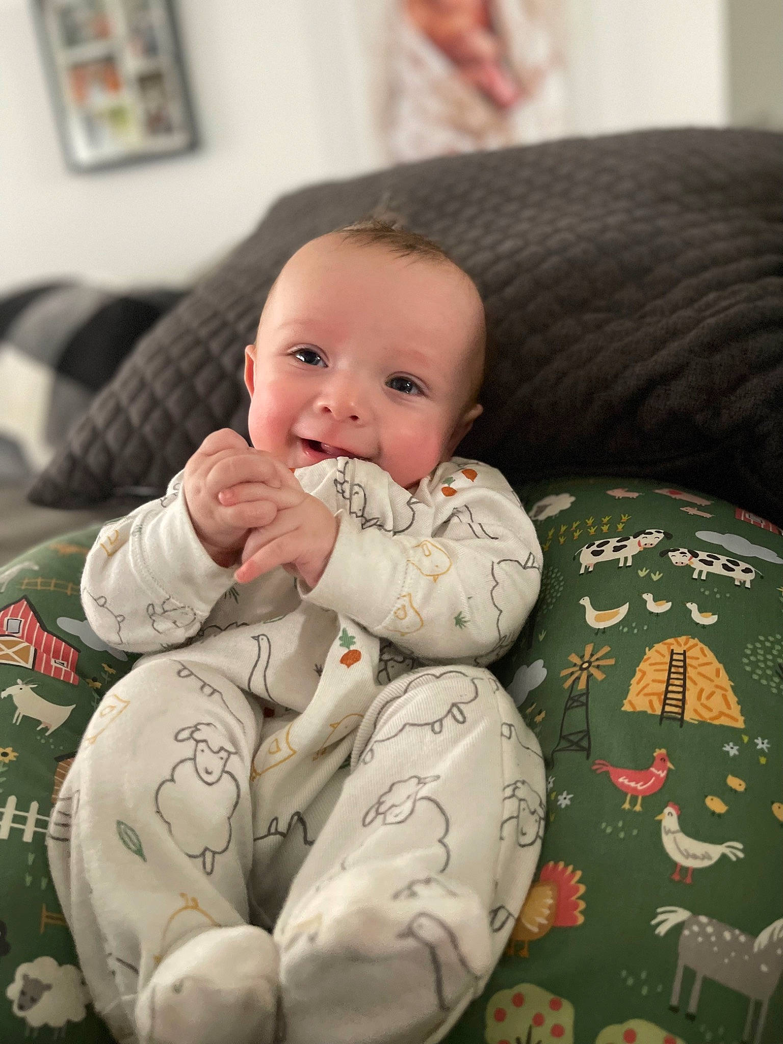 Thomas is registered to the contest to win money with this photo: baby, baby_products, baby_safety, baby_toddler_clothing, carmine, cheek, child, comfort, couch, happy, linens, person, picture_frame, room, sitting, skin, sleeve, toddler