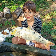 Tornade participe au concours pour gagner de l'argent avec cette photo : boy, child, dog, fish, outdoor, nature, greenery, logs, grass, water, pet, animal, happy, smiling, summer, casual_clothing, curious, playful, catch, recreation