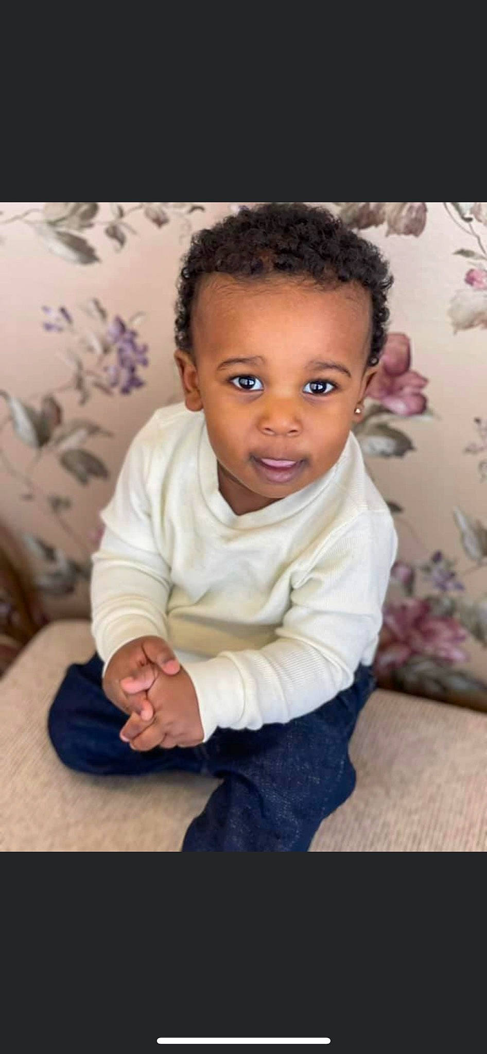 Kayden is registered to the contest to win money with this photo: baby, baby_toddler_clothing, cheek, chin, eye, eyelash, flash_photography, floor, flooring, forehead, hair, happy, iris, lip, nose, person, skin, sleeve, smile, toddler