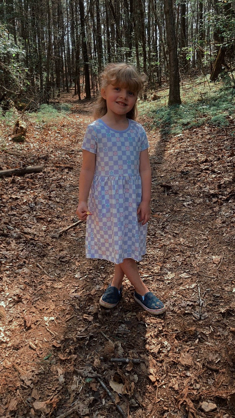 Braylee is registered to the contest to win money with this photo: blond, electric_blue, forest, fun, grass, hair, joy, landscape, natural_landscape, people_in_nature, person, plant, recreation, sneakers, soil, t_shirt, toddler, trail, tree, trunk
