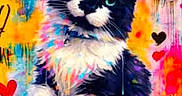 Daisy joined the competition — help win amazing prizes! cat, black_and_white, fluffy, portrait, sitting, colorful, painting, artwork, illustration, bright_colors, hearts, whiskers, green_eyes, long_fur, pet, animal, front_facing, playful, decorative_background, name_text