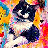Daisy joined the competition — help win amazing prizes! cat, black_and_white_cat, fluffy, long_hair, blue_eyes, sitting, portrait, colorful, abstract, paint_splatter, artwork, illustration, hearts, pink, yellow, blue, black, white, whiskers, masy