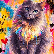 Tini joined the competition — help win amazing prizes! cat, fluffy, long_hair, gray_fur, colorful, portrait, sitting, front_view, green_eyes, whiskers, ears, animal, pet, painted_background, abstract_art, vibrant_colors, hearts, paw_prints, illustration, artwork