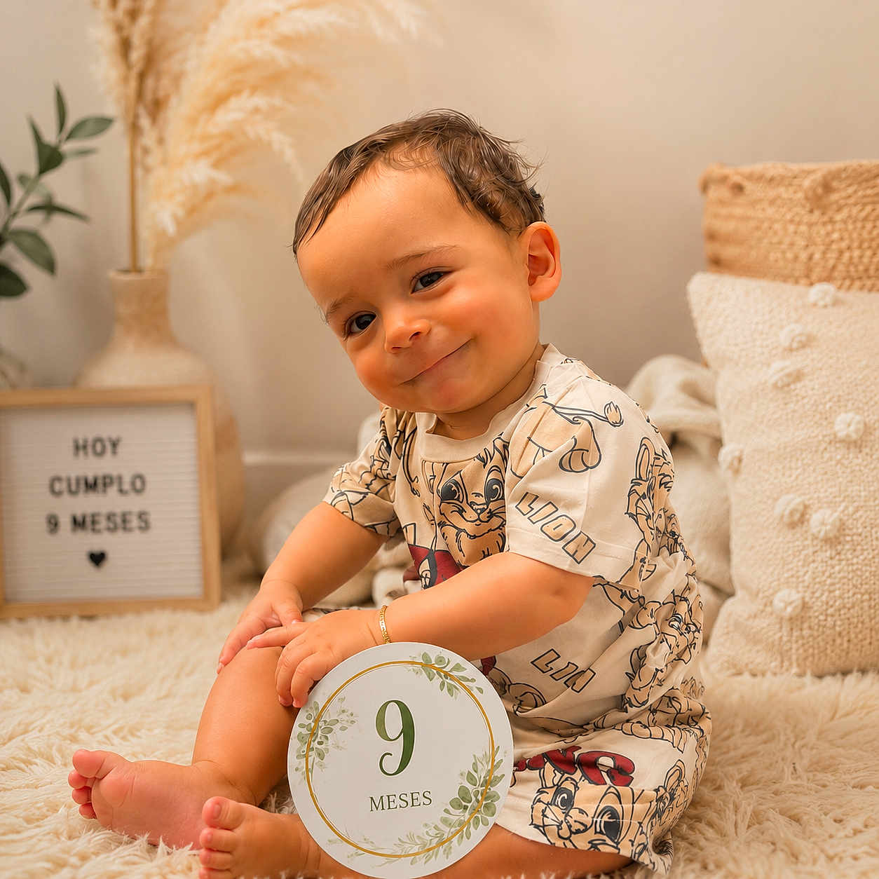 Kaleht Pérez Pardo is registered to the contest to win money with this photo: baby, infant, child, smiling, portrait, sitting, milestone, nine_months, number_nine, sign, indoor, cozy, rug, cushion, pampas_grass, plant, vase, warm_lighting, patterned_clothing, barefoot