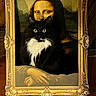animal, art, background, black_and_white_cat, cat, classic, expression, eyes, feline, frame, fur, golden_frame, hands, indoor, mona_lisa, painting, pet, portrait, whiskers, wood
