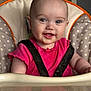 Isabella Witt joined the competition — help win amazing prizes! baby, child, high_chair, pink_shirt, smiling, face, eyes, mouth, seatbelt, polka_dot, cushion, indoor, messy, food, skin, person, portrait, infant, happy, cute