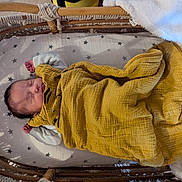 Rose participe au concours pour gagner de l'argent avec cette photo : newborn, baby, sleeping, blanket, bassinet, woven, bed, cozy, infant, star_pattern, yellow_blanket, peaceful, resting, soft, nursery, child, portrait, indoors, cute, young