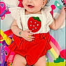 Melissia joined the competition — help win amazing prizes! baby, child, red_outfit, headband, strawberry, smile, play_mat, unicorn, rainbow, bracelet, ring, white_shoes, cute, happy, infant, colorful, toy, patterned_background, lying_down, adorable