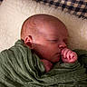 Liam joined the competition — help win amazing prizes! newborn, baby, sleeping, wrapped, blanket, green, cozy, soft, texture, face, peaceful, resting, infant, cute, portrait, child, indoor, closeup, head, hands