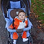 toddler, child, stroller, orange_outfit, outdoor, autumn_leaves, path, grass, baby_clothing, socks, person, cute, portrait, seated, baby, wheel, nature, daylight, expression, park