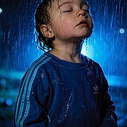 Maël participe au concours pour gagner de l'argent avec cette photo : child, rain, wet, blue_sweatshirt, closed_eyes, water_droplets, night, outdoor, portrait, peaceful, drama, illumination, adidas, wet_hair, young_child, standing, water, dark_background, moody, calm