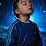 child, rain, wet, blue_sweatshirt, closed_eyes, water_droplets, night, outdoor, portrait, peaceful, drama, illumination, adidas, wet_hair, young_child, standing, water, dark_background, moody, calm