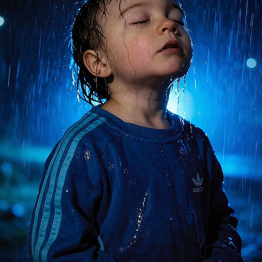 Maël participe au concours pour gagner de l'argent avec cette photo : adidas, blue_sweatshirt, calm, child, closed_eyes, dark_background, drama, illumination, moody, night, outdoor, peaceful, portrait, rain, standing, water, water_droplets, wet, wet_hair, young_child