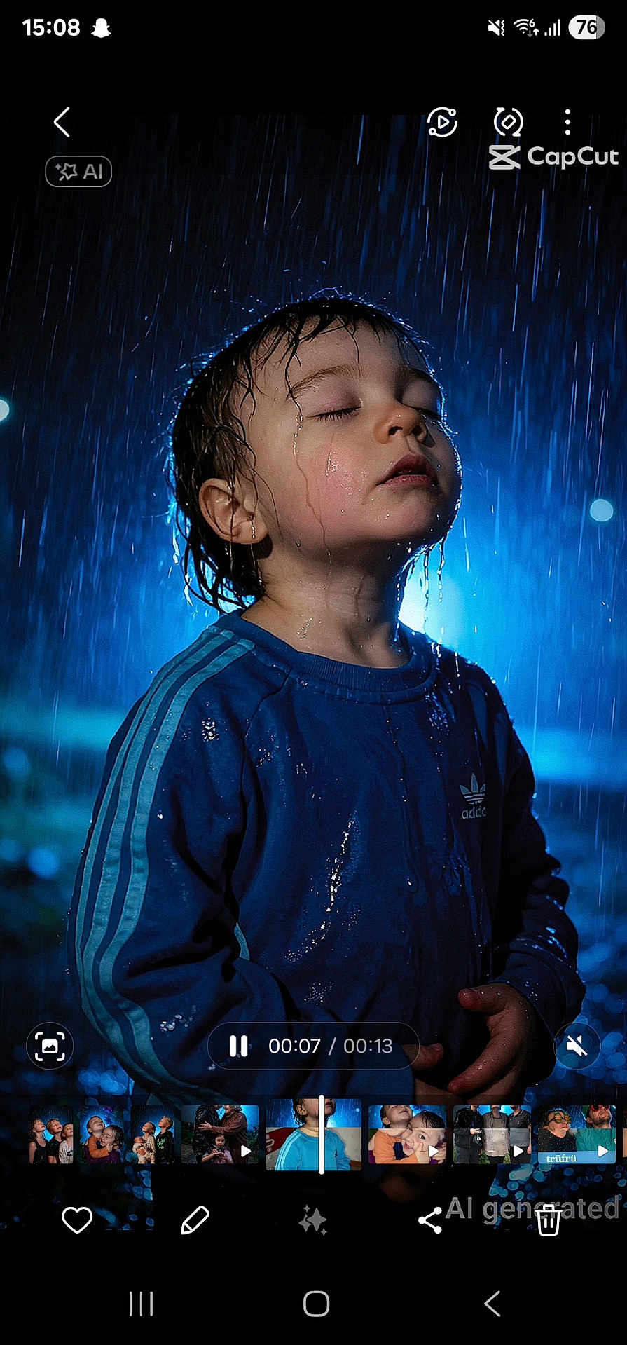 Maël participe au concours pour gagner de l'argent avec cette photo : child, rain, wet, blue_sweatshirt, closed_eyes, water_droplets, night, outdoor, portrait, peaceful, drama, illumination, adidas, wet_hair, young_child, standing, water, dark_background, moody, calm